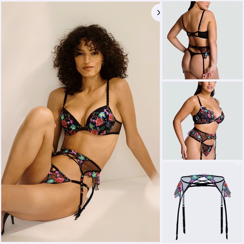 36D / L NWOT Victoria's Secret Dark Blossom Embroidery 3pc Lingerie Set